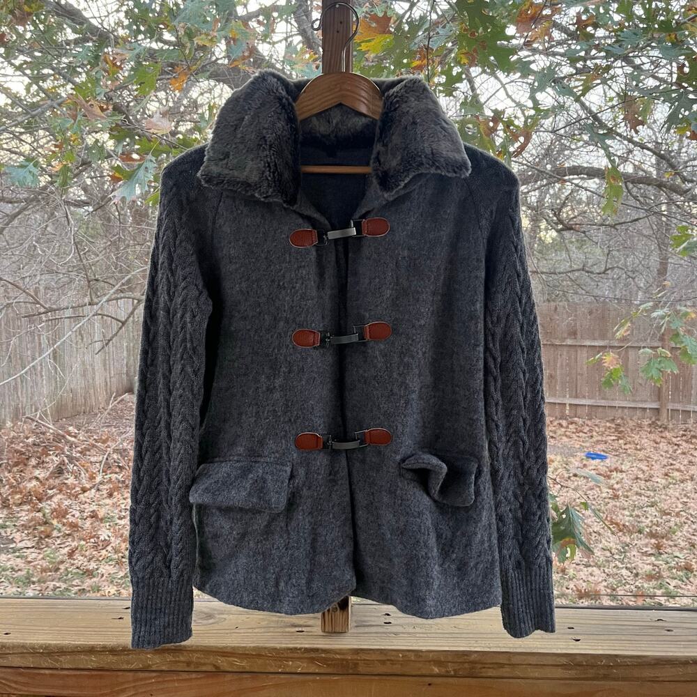 For Cynthia Women's Grey Toggle Front Faux Fur Collared Sweater Size S